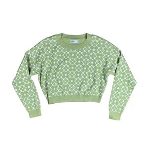 Hollister Women's Cropped Floral Sweater Size M Green White Knit‎ Pullover